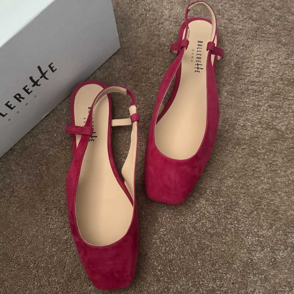 BALLERETTE • Fuchsia Suede Square Toe Slingback Ballet Flats Made In Italy - Picture 6 of 7